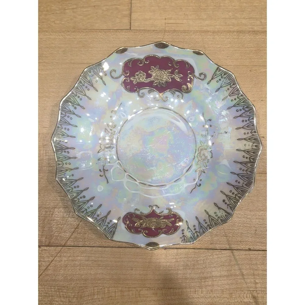 Vintage Lefton China Iridescent Lusterware Teacup Saucer Set Maroon Gold 20336